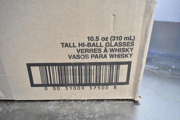 Box of 35 Libbey 5512310 10.5 oz. customizable highball glasses, scratch and dent condition, labeled for whisky use.