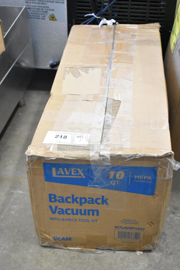 Lavex 457LAVBP10QT 10 Qt. Backpack Vacuum in original scratched box, includes HEPA filtration and 8-piece tool kit.