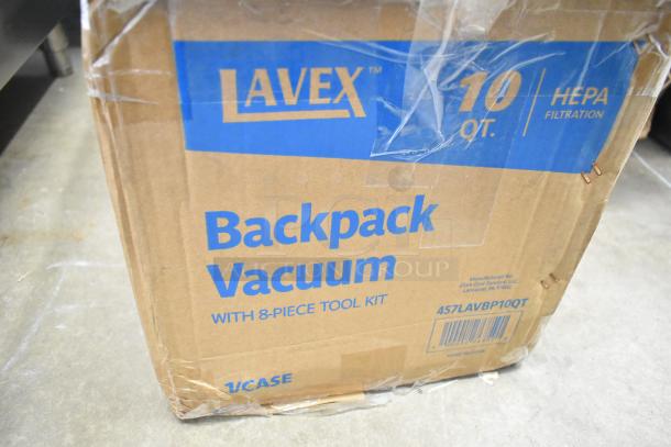 Brand new Lavex 457LAVBP10QT 10 Qt. backpack vacuum with HEPA filtration and 8-piece tool kit in slightly damaged box.