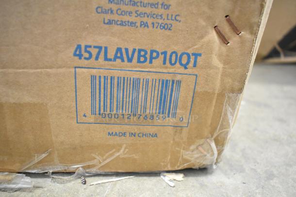 Lavex 457LAVBP10QT box with barcode and manufacturing details, indicating a backpack vacuum, scratch and dent.