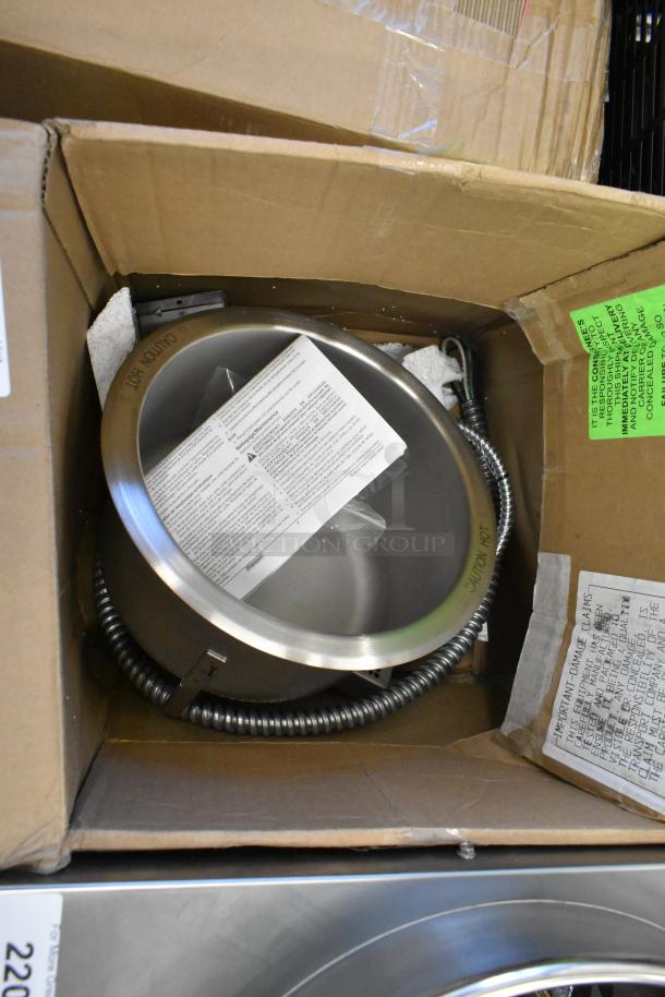 BRAND NEW Hatco HWB-11QTD 11 Qt. Single Drop-In Heated Soup Well, scratch and dent, with drain, 240 volts, 1 phase, labeled "Caution Hot."