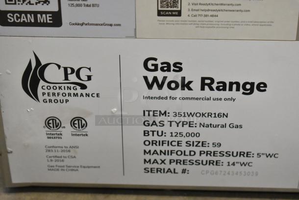 Cooking Performance Group 351WOKR16N Stainless Steel Commercial Natural Gas Wok Range, 125,000 BTU, new condition.