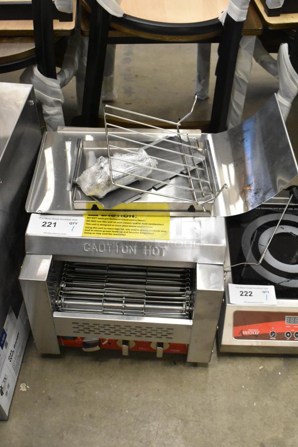 Avantco 184T3300D stainless steel conveyor toaster, 10" wide, 3" opening, new scratch and dent condition, 800 slices/hour.