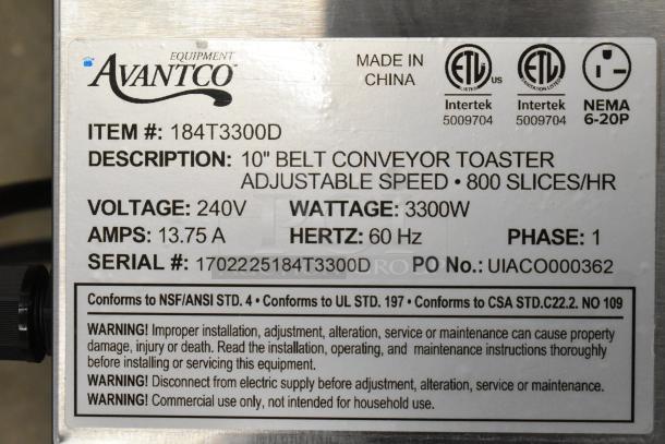 Avantco 184T3300D stainless steel conveyor toaster, brand new, scratch and dent, 10" wide, 800 slices/hour. 240V, 3300W, 3" opening.