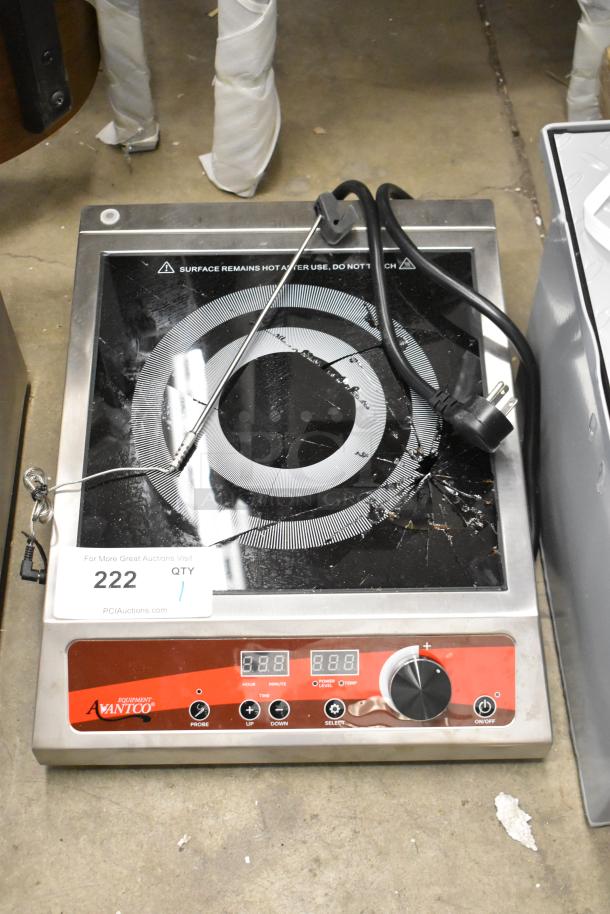 Avantco 177IC1800P stainless steel induction cooker with visible cooktop damage. Features digital controls, probe, 120V, 1 phase.
