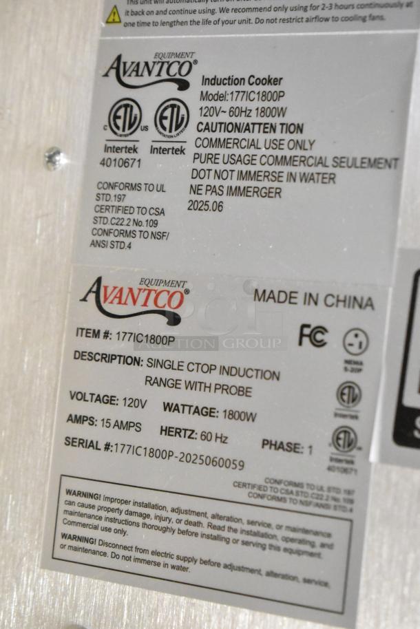 Avantco 177IC1800P induction cooker label, shows 120V, 1800W, single phase details, ETL certified, made in China.