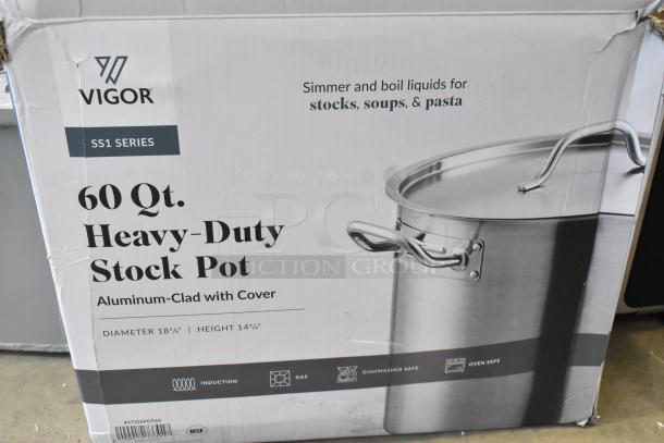 Brand new Vigor 473SSPOT60 SS1 Series 60 Qt. heavy-duty stainless steel aluminum-clad stock pot with cover, scratch and dent.