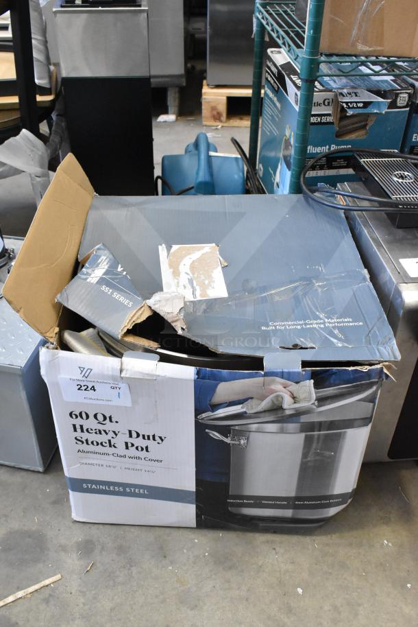 Brand new Vigor 473SSPOT60 SS1 Series 60 Qt. stock pot, heavy-duty stainless steel, aluminum-clad, with cover. Box damaged.