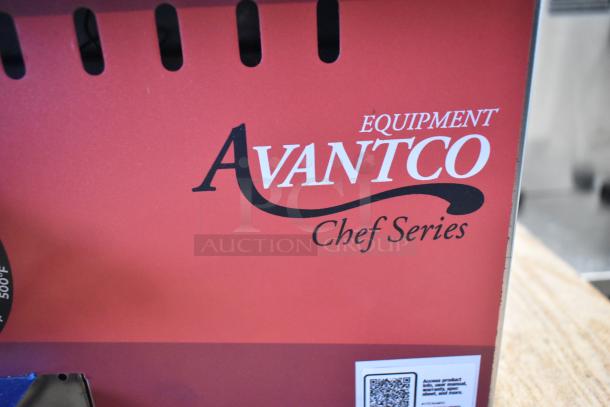 Avantco Chef Series red panel with logo and QR code, part of 2025 48" countertop natural gas griddle, 140,000 BTU.