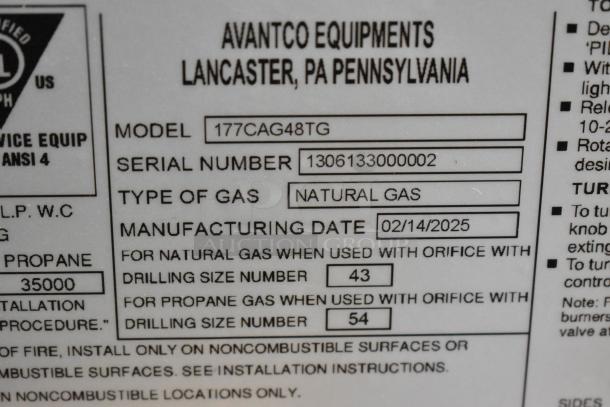 BRAND NEW Avantco 177CAG48TG 48" Countertop Natural Gas Griddle, 140,000 BTU, manufactured 02/14/2025, with thermostatic controls.