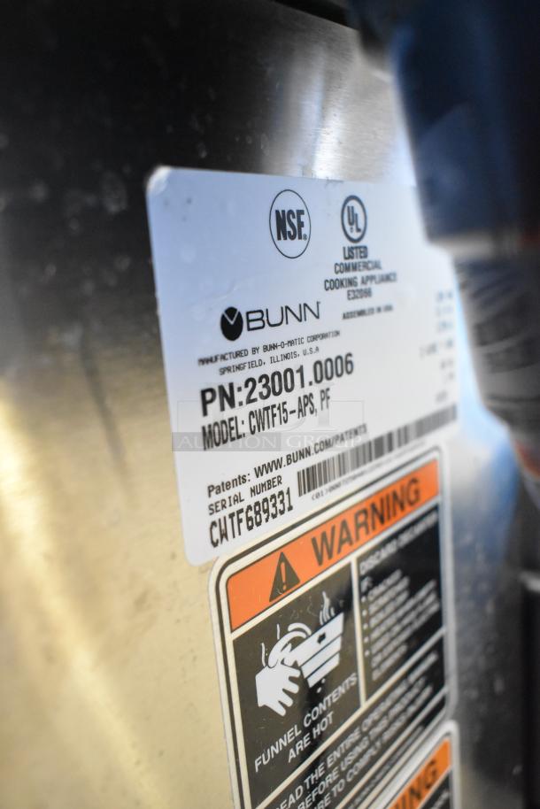 Bunn CWTF15-APS coffee brewer label showing model, part number, certifications, and warning sticker.
