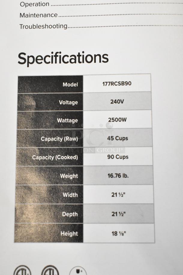 BRAND NEW Avantco 177RCSB90 rice cooker, 90 cup capacity, 240V, 2500W, digital display, hinged lid, minor scratches.