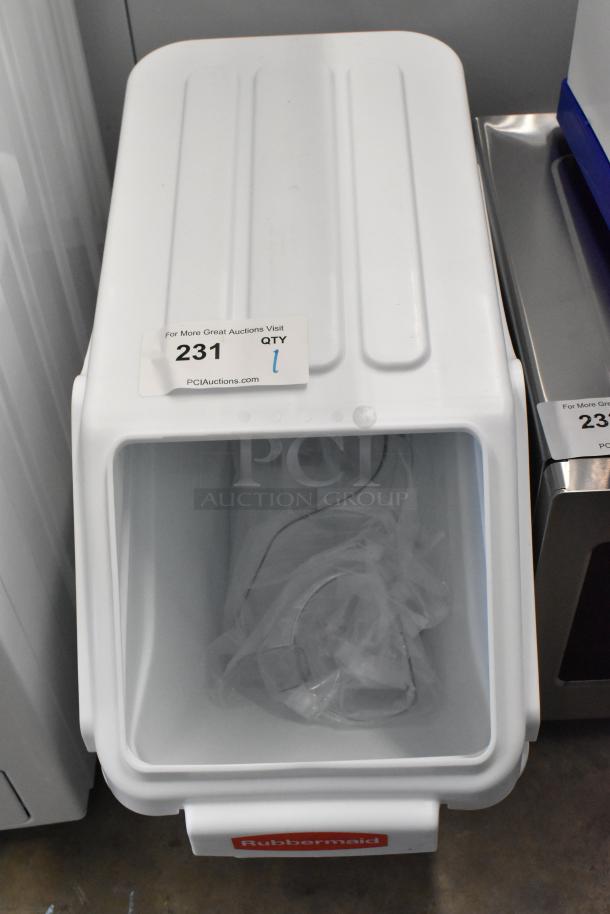 Rubbermaid ProSave 6.3-gallon white bin with sliding lid and scoop. New condition, visible light scratches on surface.