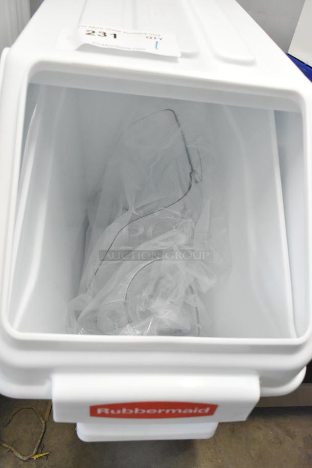 Brand new Rubbermaid ProSave 6.3-gallon white storage bin, scratch and dent condition, with sliding lid and scoop.