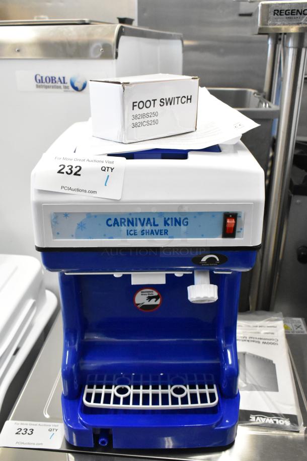 Brand new Carnival King ICS250 Ice Shaver, 2024 model, scratch and dent condition. 120 Volts, includes foot switch.