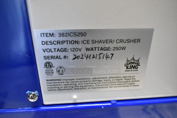 Carnival King ICS250 ice shaver, 2024 model, 120V, 250W, scratch and dent, serial 20241215147, brand new condition.