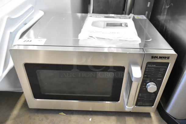 Brand new Solwave 180MW112D 1000W stackable commercial microwave, 1.2 cu. ft. interior, dial controls, 120 volts, slight dents.