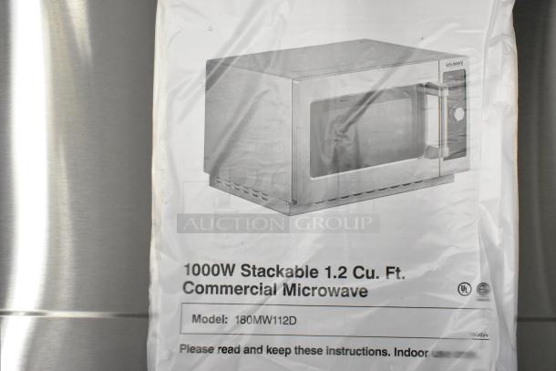 Brand new Solwave 180MW112D 1000W stackable commercial microwave, 1.2 cu. ft. interior, with dial controls; 120 volts.
