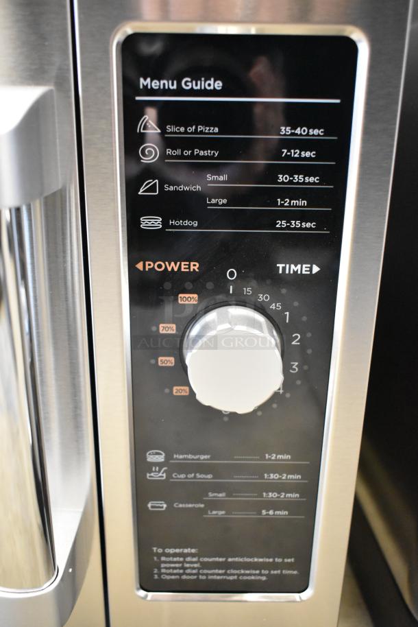 BRAND NEW Solwave 180MW112D commercial microwave, 1000W, stackable, 1.2 cu. ft. interior, dial controls, menu guide displayed.