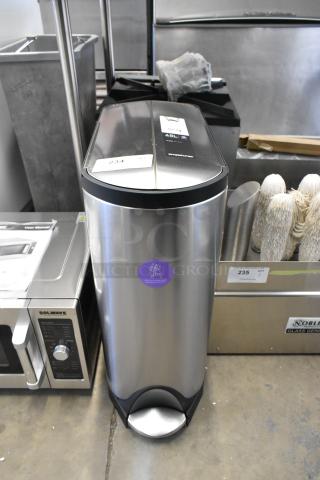 SimpleHuman stainless steel butterfly step can, 12-gallon, new scratch and dent condition, visible label indicates 45L capacity.