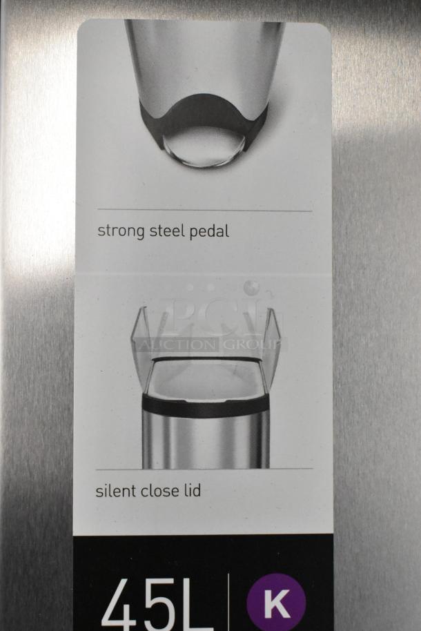 New SimpleHuman Butterfly Step Can, 12 Gallon, stainless steel, strong steel pedal, silent close lid. Scratch and dent condition.
