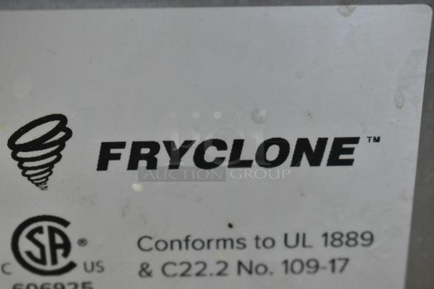 Label close-up of Fryclone 259OFM110 Fryer Oil Filter Machine, showing branding and UL compliance markings.
