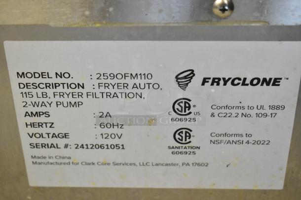 BRAND NEW Fryclone 259OFM110 Fryer Oil Filter Machine label shows details of 115 lb capacity, 2-way pump, 120V, 2A, 60Hz.