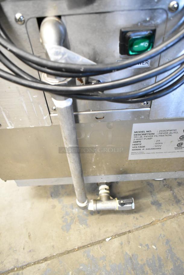 Fryclone 259OFM110 stainless steel portable fryer oil filter machine, 115 lb. capacity, 2-way pump, new condition with minor scratches.