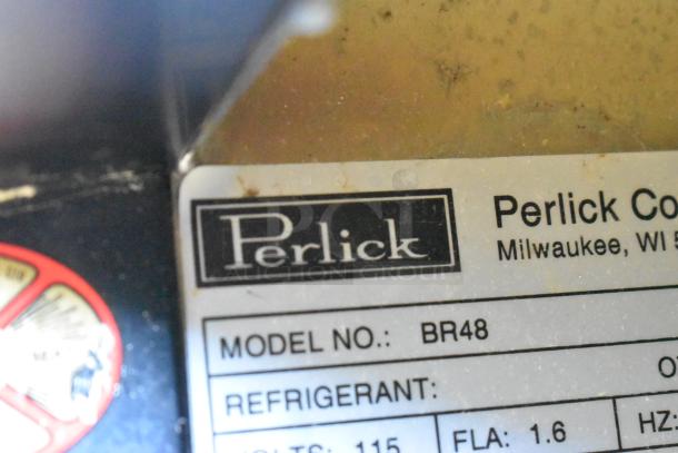 Perlick BR48 label displaying model number and specifications, including 115 volts and phase details.
