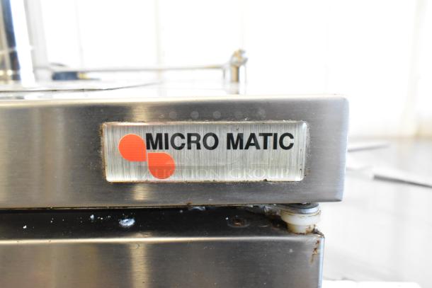 2018 Micro Matic MDD 23 S E NT stainless steel kegerator. Features beer tower, two tanks. 115V, 1 Phase. Micro Matic label visible.