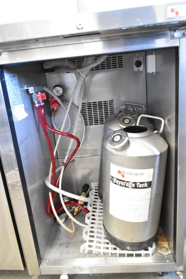 2018 Micro Matic MDD 23 S E NT stainless steel kegerator with beer tower, two tanks, visible hoses, and label. 115V, 1 phase.