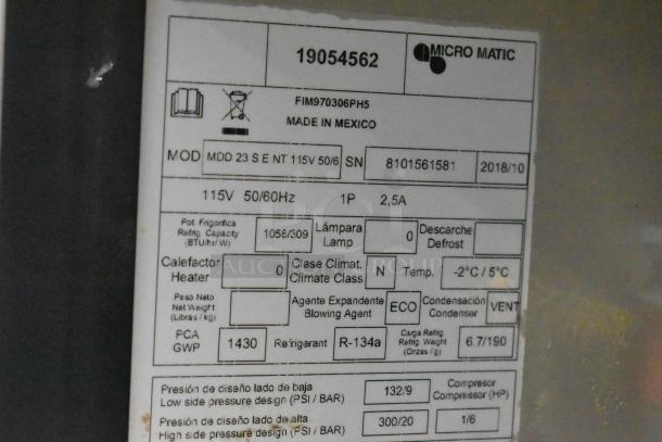 2018 Micro Matic MDD 23 S E NT kegerator label showing model details, power specs (115V, 1 Phase), and refrigerant info.