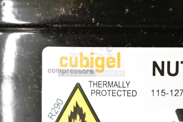 Cubigel NUT70NR Compressor label showing "Thermally Protected," 115-127 volts, R290 refrigerant warning. Brand new, scratch and dent.