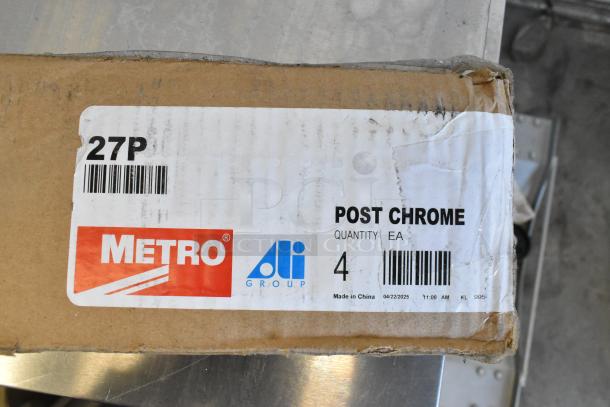 Cardboard box labeled "27P" with "Metro" and "Ali Group" logos, indicating a chrome post. Box shows some wear.