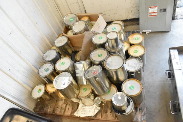 40 various Pro Guard chemical containers including Fire Brick Road EPDM Rubber and Trilene, visible tags indicating contents.