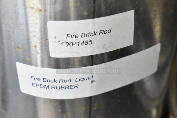 Container labeled "Fire Brick Red XP1465" and "Fire Brick Red Liquid EPDM Rubber" with rust spots.