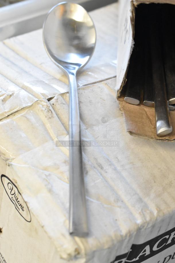 Auction image showing a stainless steel serving spoon on a cardboard box labeled "Visions." Box partially open with similar utensils inside.