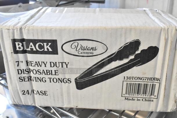 Box of black 7" heavy-duty disposable serving tongs, 24 per case, by Visions Catering. Box shows barcode and "Made in China."