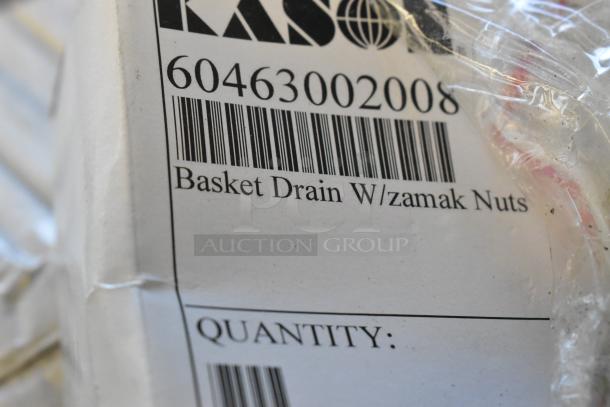Label showing product code 60463002008 for a basket drain with zamak nuts. Packaging slightly wrinkled.