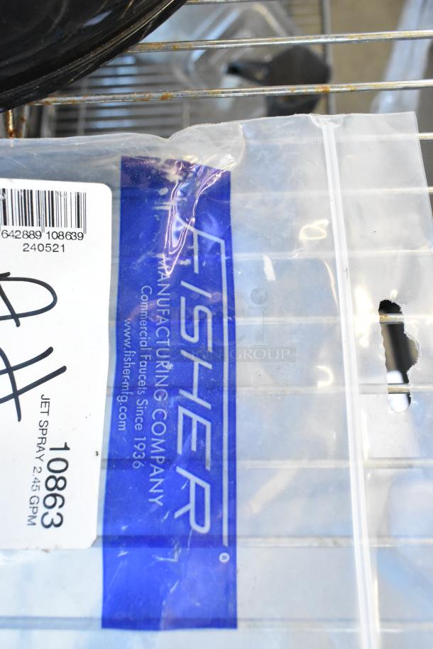 Three items: dough hook attachment, Fisher 10863 Jet Spray, GR-133A gas connector. Fisher bag with label visible.