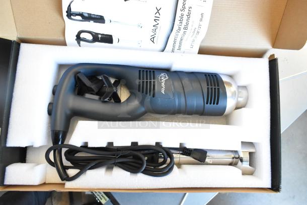 Brand new 2023 AvaMix 928IBMD10 immersion blender, 10" medium-duty, variable speed, 3/4 hp, 120 volts, in original packaging.