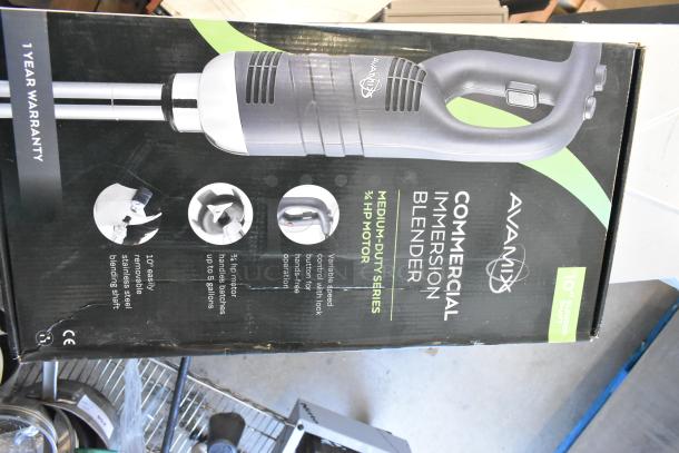Brand new 2023 AvaMix 928IBMD10 10" immersion blender, scratch and dent, variable speed, 3/4 hp, 120V, original packaging.