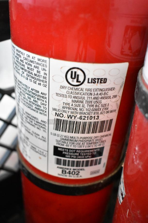 5 Amerex model B402 fire extinguishers, UL listed, dry chemical, 5 lb capacity, for pick up only.