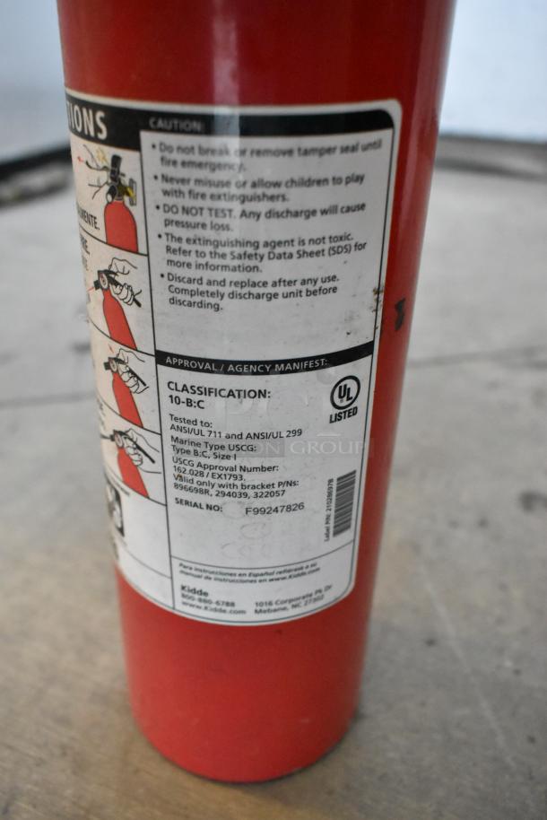 Red Kidde fire extinguisher, classification 10-B:C, UL listed label, serial F99247826, pick-up only auction.