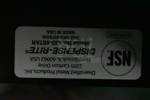 3 LID-4STAR black poly lid dispensers, NSF certified, good condition. Model: LID-4STAR, USA SKU #375400, made in USA.