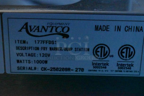 Avantco 177FFDS1 stainless steel infrared French fry warmer, 120V, 1000W. ETL listed, serial CK-250209R-270. Made in China.