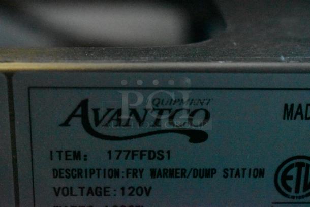 Avantco 177FFDS1 stainless steel fry warmer with 120V, 1 phase. ETL certified tag visible.