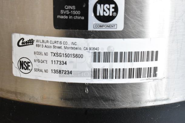 Curtis TXSG1501S600 stainless steel beverage dispenser with NSF label, model and serial numbers visible; made in China.