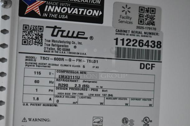 Label for True TSCI-600R-G-PH cooler; 115V, 1 phase, R290 refrigerant. Serial number: 11226438. Made in USA.