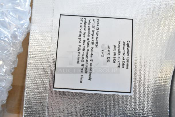 CaptiveAire DI-PSP-12-24X24 Diffuser, metal, insulated, label details model and specs, for 24"x24" ceiling grid.